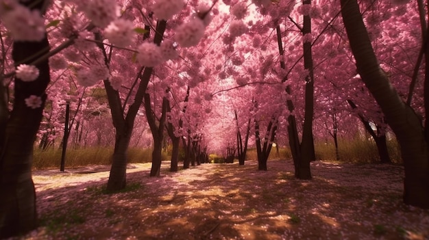 Un tunnel rose de fleurs de cerisier est montré dans cette image.