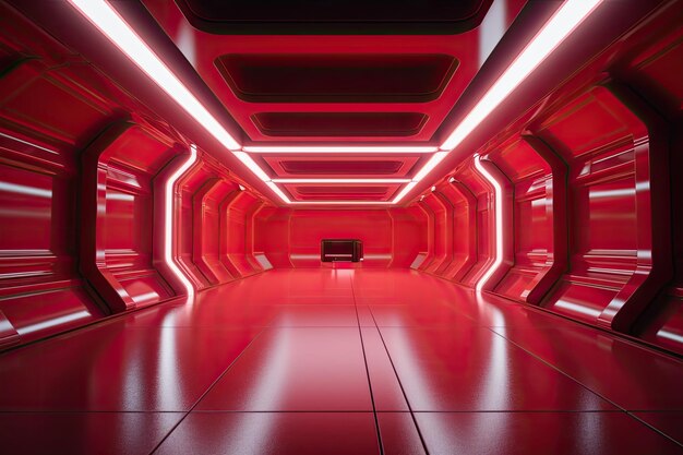 Un tunnel rouge avec des lumières au plafond