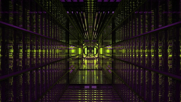 Photo tunnel de science-fiction avec illustration 4k uhd 3d de lumières vertes et violettes