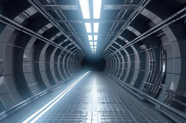 Tunnel SciFi futuriste avec néons et sols réfléchissants