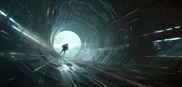 Un tunnel sombre avec un homme debout au milieu.