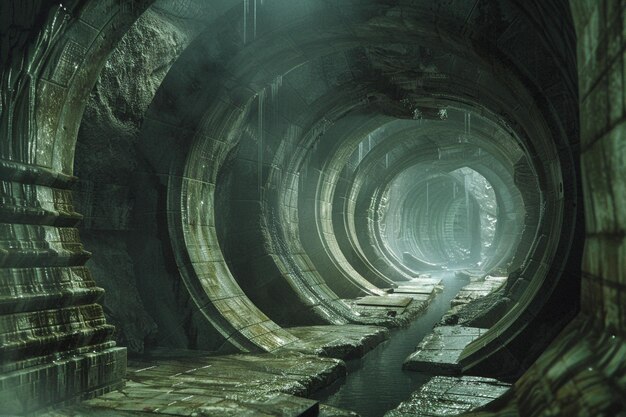 un tunnel sombre avec une lumière sur le plafond et une grande structure en pierre au milieu