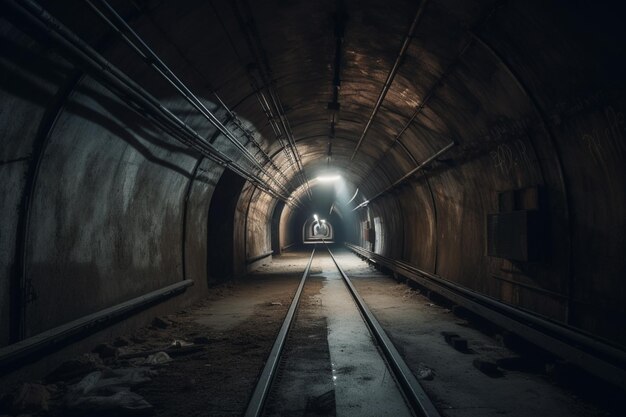 Un tunnel sombre avec une lumière qui brille sur le sol et une lumière qui brille sur le tunnel.