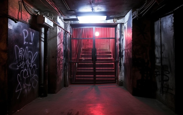 un tunnel sombre avec une lumière rouge dessus et une lumière rouge sur le mur