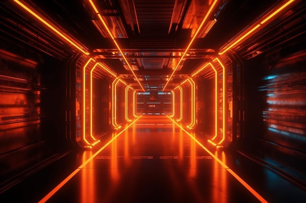 Un tunnel sombre avec des lumières orange et un sol noir.