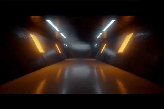 Un tunnel sombre avec des lumières oranges et une lumière jaune sur la gauche