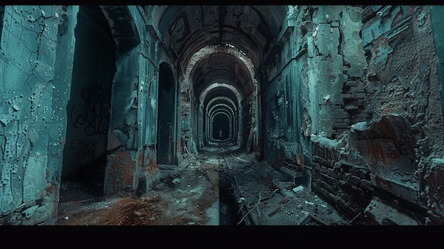 Photo un tunnel sombre avec un mur bleu clair et un panneau qui dit le mot dessus