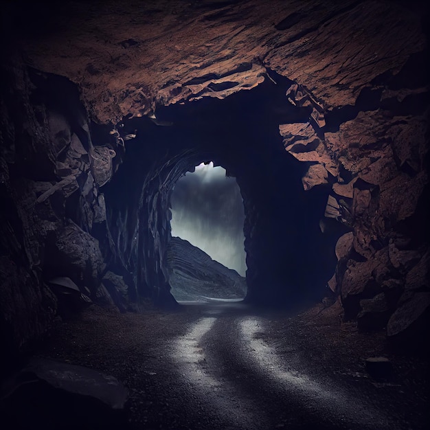 Tunnel sombre mystérieux menant à la porte de l'enfer dans une grotte sombre