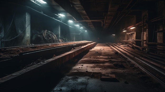 Un tunnel sombre avec une série de lumières au plafond et une série de lumières au sol.