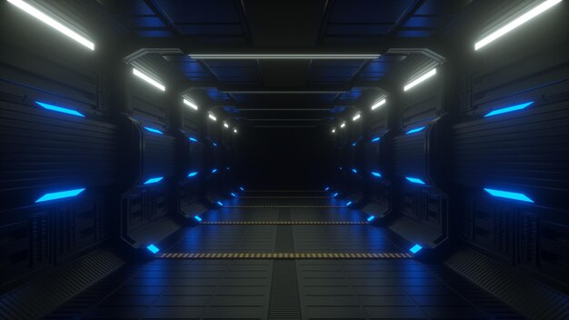 Tunnel sombre avec tunnel futuriste bleu néon tech 3d