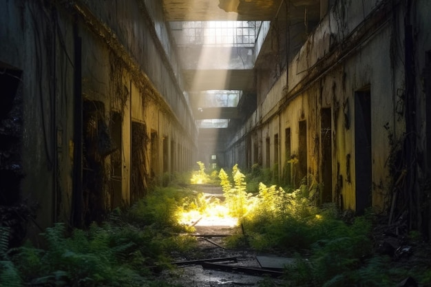 Tunnel souterrain éclairé par le soleil dans une ville abandonnée créé avec l'AI générative