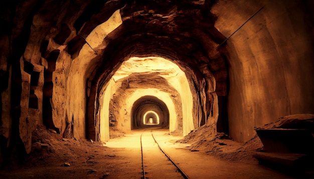 Un tunnel souterrain de minerai de mine de charbon avec des rails de l'industrie minière Generative Ai