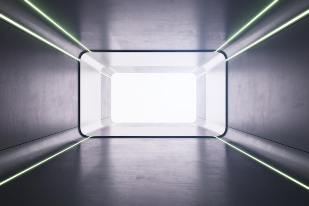 Tunnel de style futuriste fabriqué à partir d'un couloir en béton et éclairé par des lumières vertes concept de tunnel de temps rendu 3D
