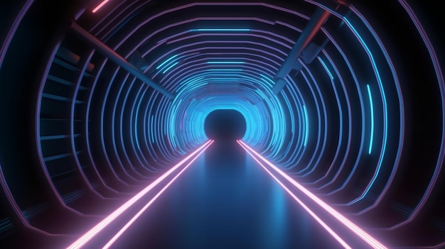 Tunnel technologique futuriste avec néons numériques