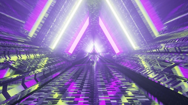 Tunnel triangulaire coloré avec néons Illustration 3D UHD 4K