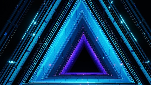 Photo tunnels de lignes rougeoyantes de portail triangulaire ultraviolet de rendu 3d