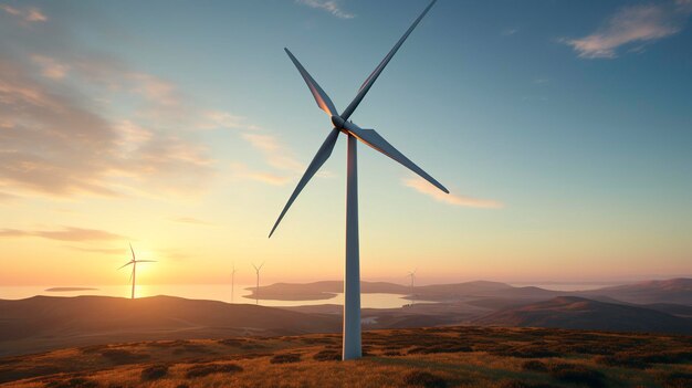 une turbine éolienne est sur une colline avec le soleil qui se couche derrière elle