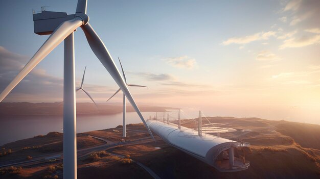 une turbine éolienne avec une turbine à vent en arrière-plan