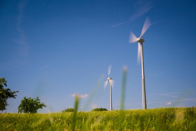 Turbines éoliennes au coucher du soleil. Notion d'énergie renouvelable.