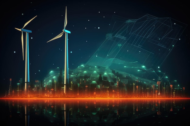 Turbines éoliennes Concept infographique d'énergie renouvelable avec énergie verte Intelligence artificielle générative