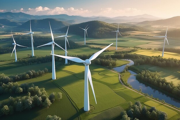 Les turbines éoliennes génèrent de l'énergie durable dans les paysages ruraux générés par l'IA