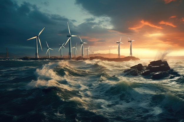 Les turbines éoliennes sur la mer surréaliste, l'énergie renouvelable en arrière-plan avec l'énergie verte, l'intelligence artificielle générative.