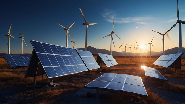 Photo turbines éoliennes et panneaux solaires paysage sources renouvelables d'énergie solaire et éolienne