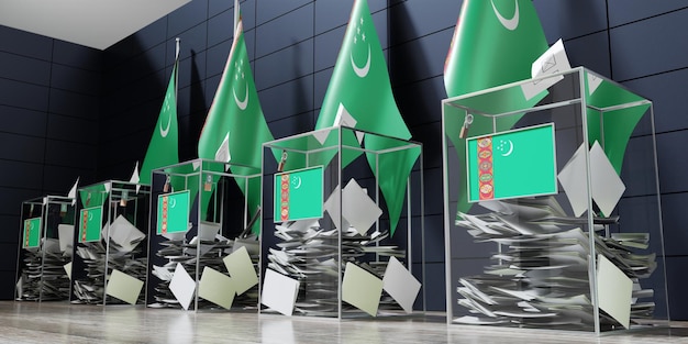 Turkménistan plusieurs urnes et drapeaux votant le concept d'élection illustration 3D