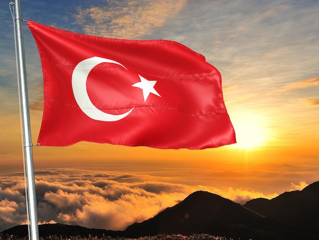 Turquie Agitant le drapeau contre le coucher du soleil beau paysage de soirée illustration 3d République de Turkiye