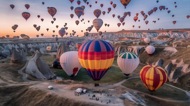 Photo la turquie, la cappadoce, les beaux ballons, le vol, le paysage en pierre.