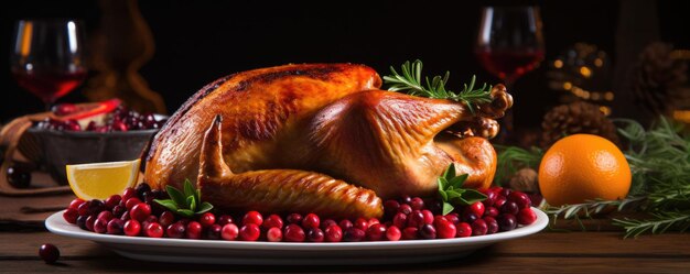 Turquie grillée le jour de Thanksgiving avec tous les plats d'accompagnement sur l'assiette