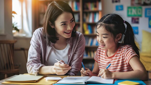 Tuteur avec la petite fille qui étudie à la maison