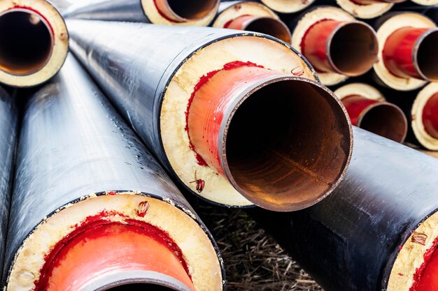 Tuyau isolé Grands tuyaux métalliques avec une gaine en plastique sur un chantier de construction Pipeline moderne pour fournir de l'eau chaude et du chauffage à une zone résidentielle