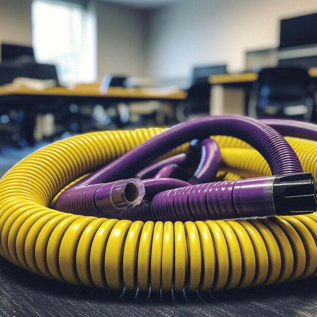 Photo un tuyau jaune avec une poignée noire est posé sur une table en bois dans une salle de classe.