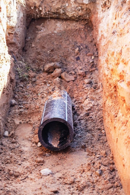 Un tuyau en plastique noir avec une bande bleue se trouve dans une tranchée creusée pour fournir de l'eau à la maison