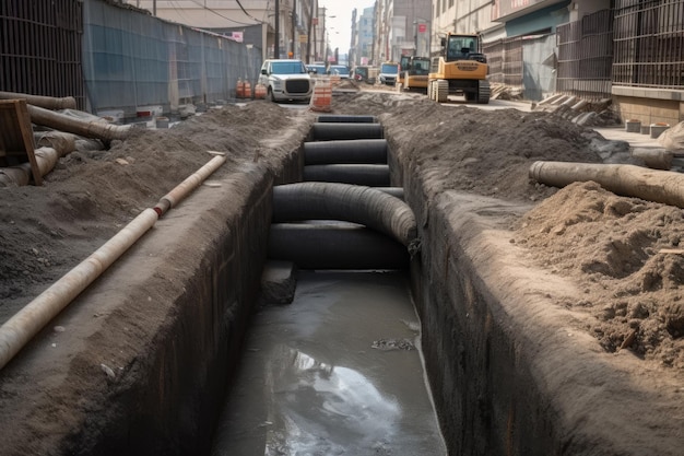 Photo tuyaux de drainage sur un chantier de construction installation de tuyaux d'égout entretien et construction des rues de la ville ai généré