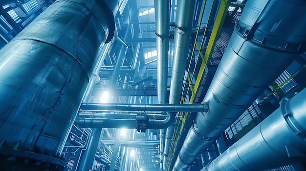 Tuyaux et machines d'usines industrielles avec un éclairage bleu futuriste mettant en valeur la fabrication et la technologie modernes