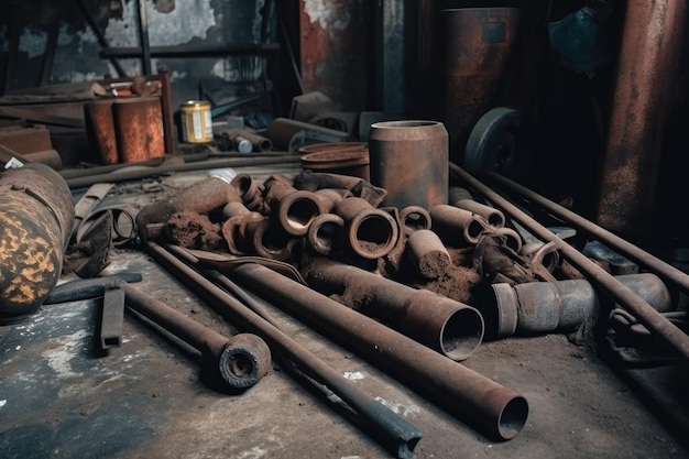 Tuyaux et outils en métal rouillés sur le sol d'un ancien garage créé avec une IA générative