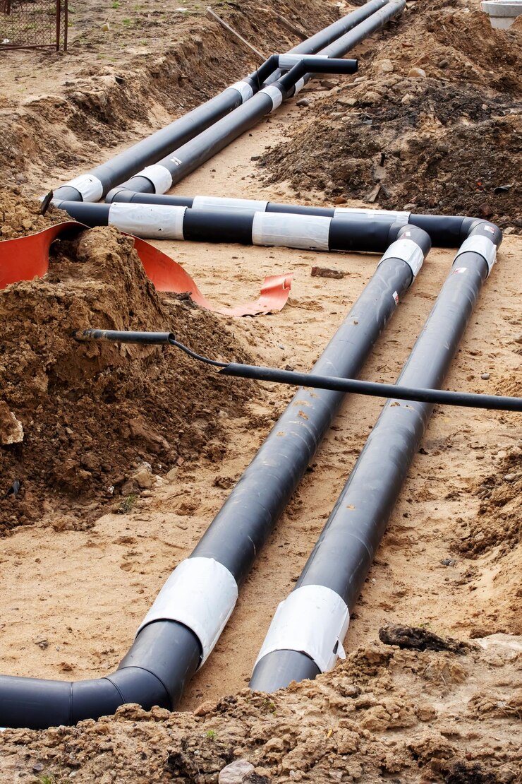Tuyaux pour chauffer l'eau dans le sol en gros plan