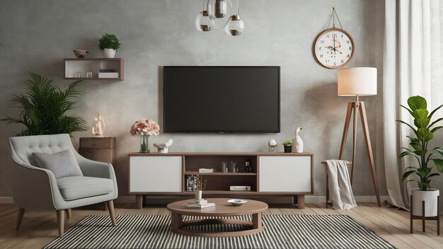 TV sur l'armoire dans le salon moderne avec fauteuil lampe table fleur et plante sur le mur de plâtre 3