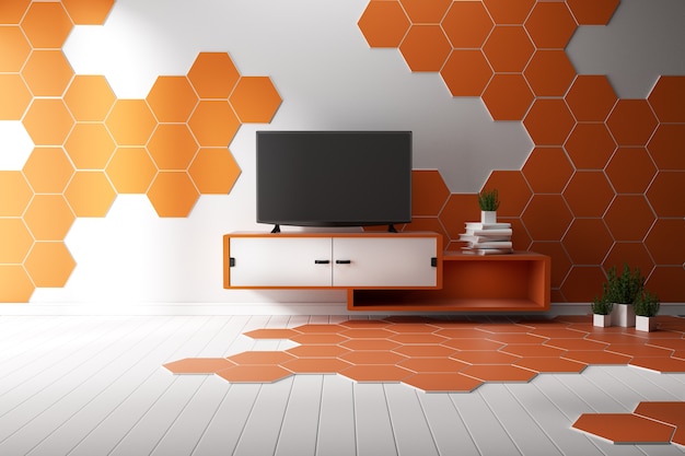 TV dans la salle vide moderne, dessins minimaux en bois blanc et hexagone. Rendu 3D
