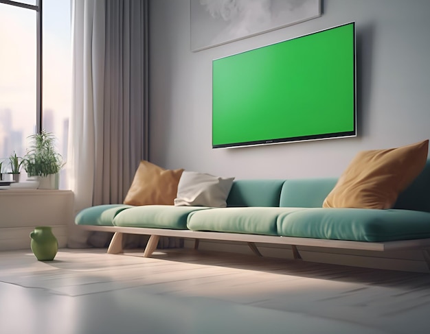 TV à écran vert dans le salon festif 3D Rendering d'arrière-plan