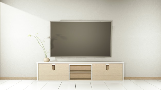 TV sur meuble en bois dans une pièce vide moderne et mur blanc sur sol blanc salle de style japonais. Rendu 3D