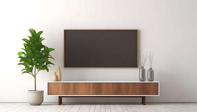 TV sur meuble dans un salon moderne avec des plantes dans le salon avec un mur blanc vide