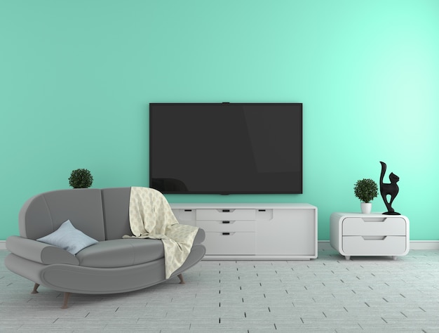 TV sur le meuble - salon moderne sur fond de mur de menthe - stylle coloré, rendu 3d