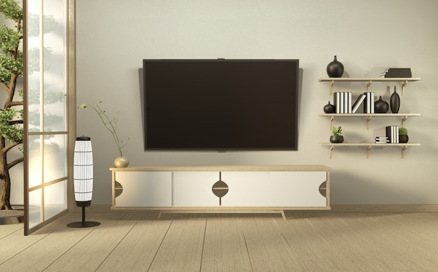 Tv Sur Mur Et Armoire En Bois Dans Une Salle Vide Moderne