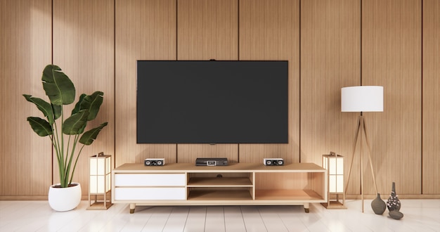 Tv sur mur vide et mur design japonais en bois sur salon style zen