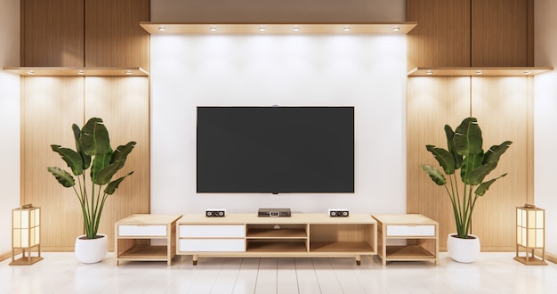 Tv sur mur vide et mur design japonais en bois sur salon style zen