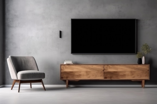 Tv murale et meuble en bois avec fauteuil gris Generative AI