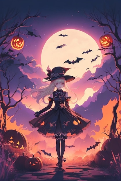 Twilight Enchantment Anime Scène de coucher de soleil d'Halloween pour fille blonde coréenne